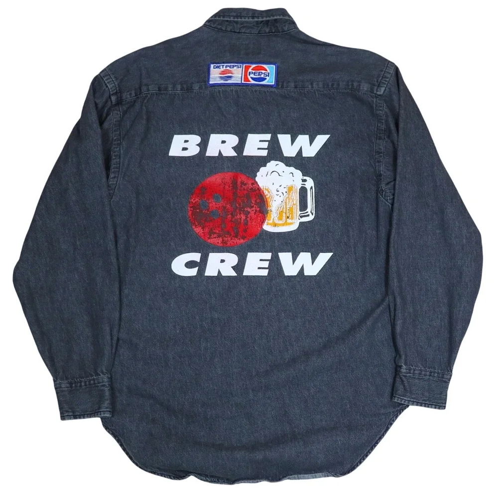 Vintage 90s Pepsi Brew Crew Denim Shirt M‎ Workwear Bowling Promo Patch